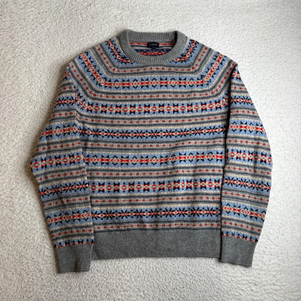 J.Crew Mens Fair Isle Lambswool Blend Crewneck Sweater Grey Blue Red Medium